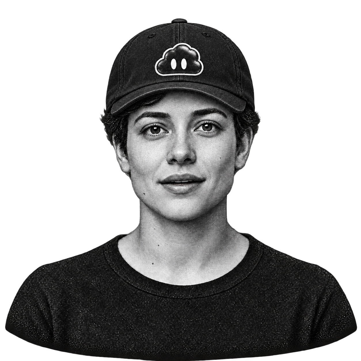 Bris’s dithered portrait wearing a cap with the cloud logo.